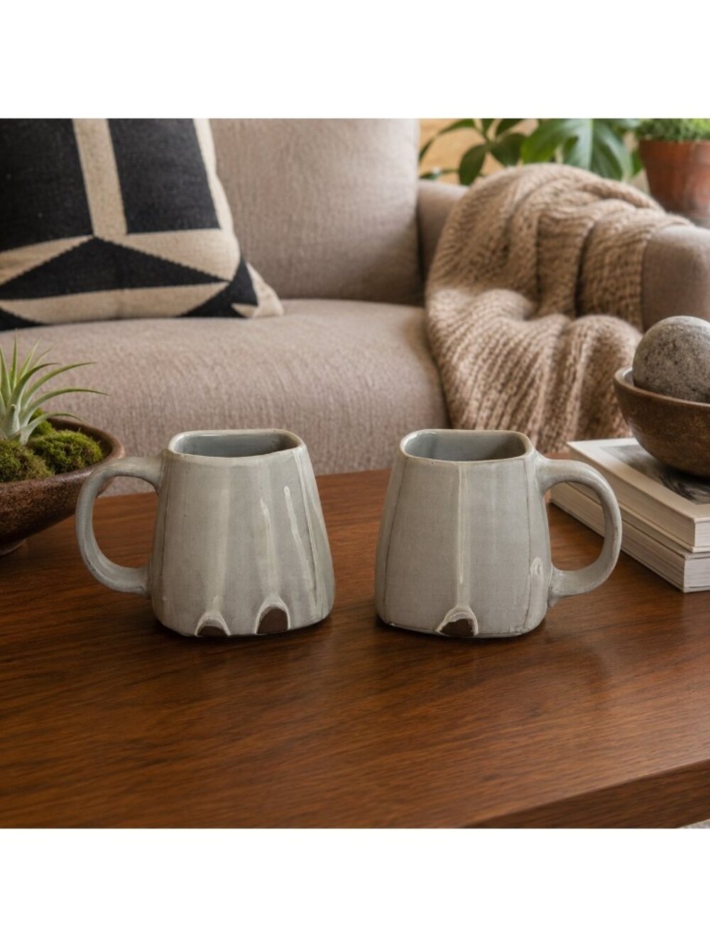 2 DonLo Mercantile Square Mugs Stone Pottery Cups Handmade Logan Wannamaker USA